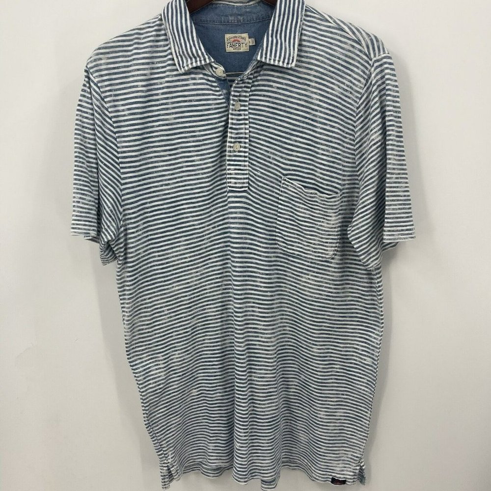 Faherty Polo Shirt Mens L Blue White Striped Distressed Pocket Indigo Sunwashed